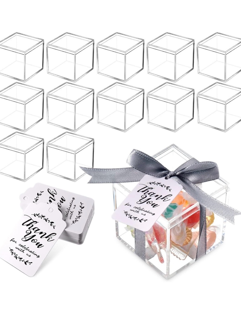 Clear Gift Favor Boxes with Silver Ribbon